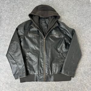 Sean John Men's Faux-Leather Hooded Black Jacket Size Large Zip off Hood